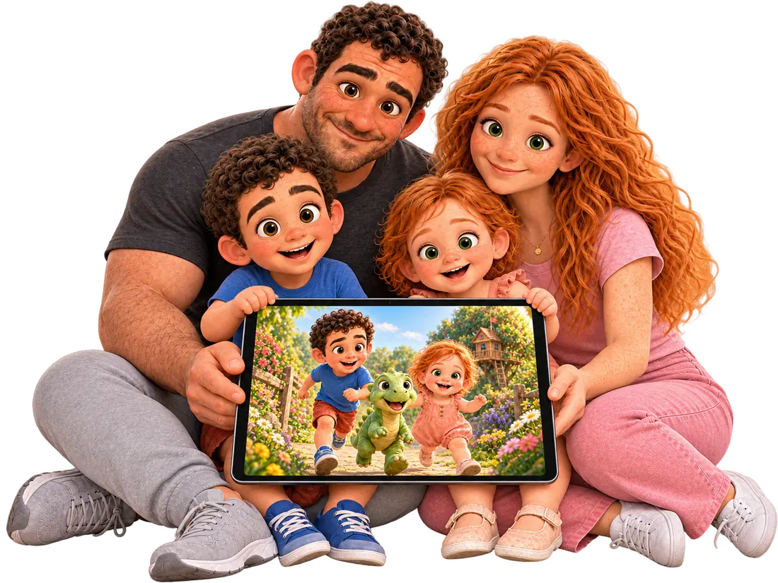 The Nillie Family sitting together and holding an iPad towards you, showing Charlie, Lily and their dinosaur story
