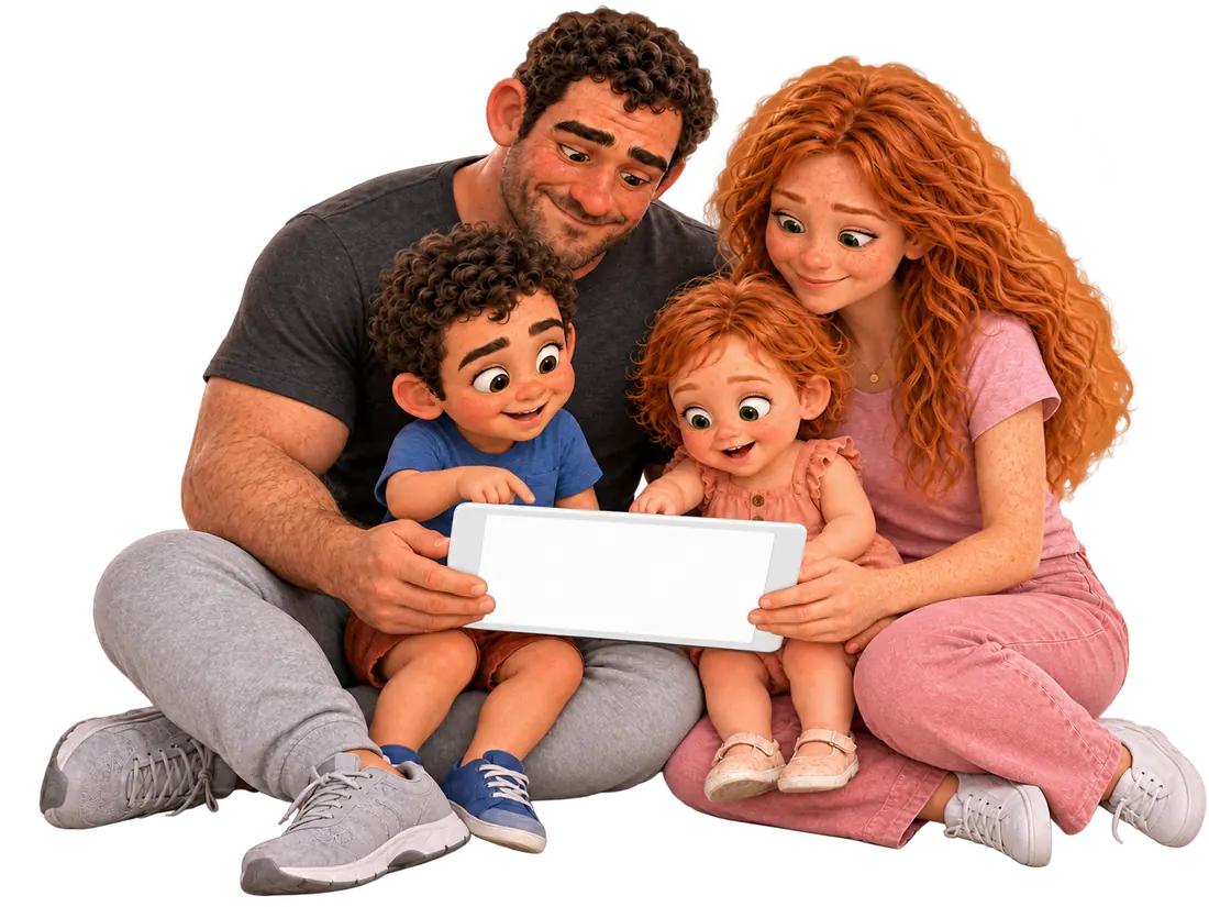 The Nillie Family sitting together holding a white iPad with a blank screen