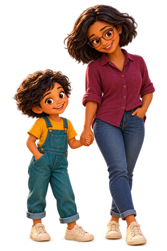 Illustrated storybook characters Rowan and Aunt June standing together