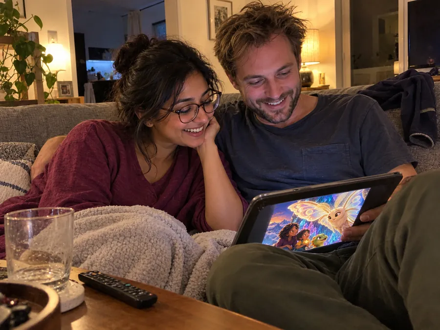 Illustrative AI-generated scene of a couple reading a story on a tablet