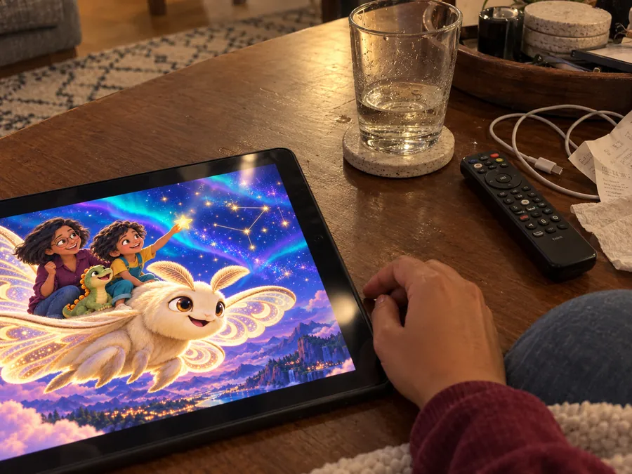 Illustrative AI-generated scene of a story tablet at a home coffee table