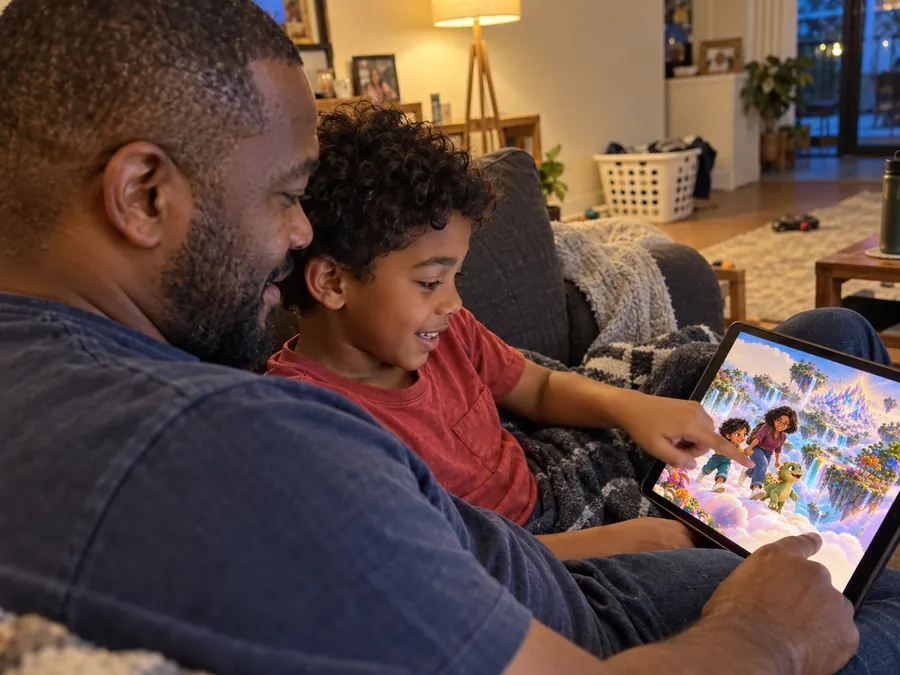 Illustrative AI-generated scene of a father and child reading a story on a tablet