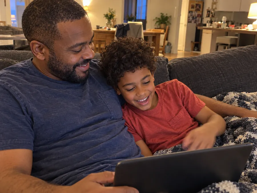 Illustrative AI-generated scene of a father and child laughing over a tablet
