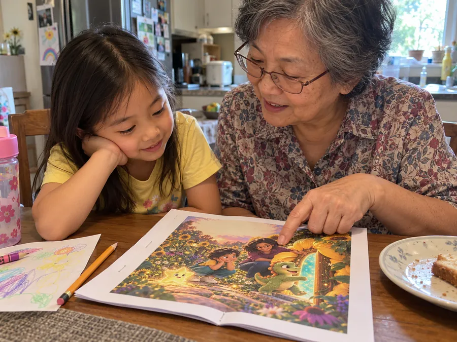 Illustrative AI-generated scene of a grandmother and child reading a home-printed story