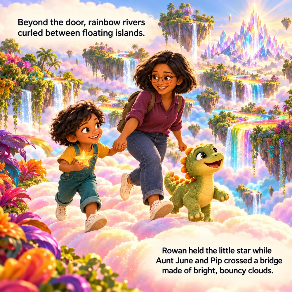 Illustrated sample story page with Rowan and Aunt June crossing a cloud bridge